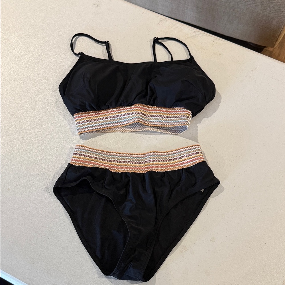 Black Two-Piece Swimsuit with Striped Band